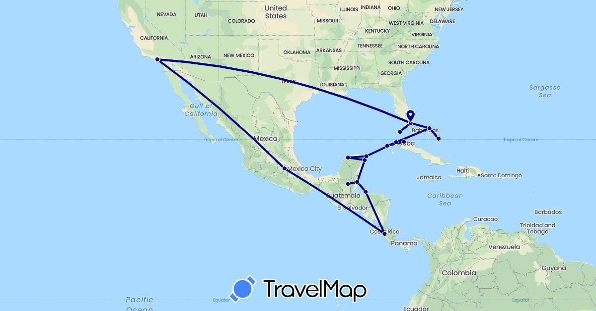 TravelMap itinerary: driving in Bahamas, Belize, Costa Rica, Cuba, Guatemala, Honduras, Mexico, United States (North America)